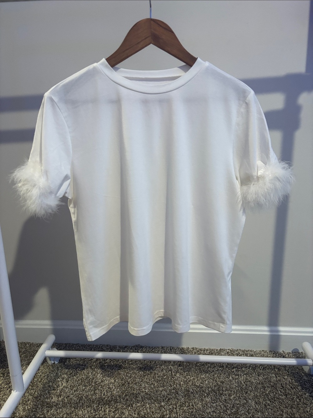 SHEIN White Short Sleeve Tee with Feather Trim
